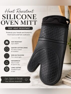Black Silicon & Cotton Oven Mitt 500° Rating Nwt